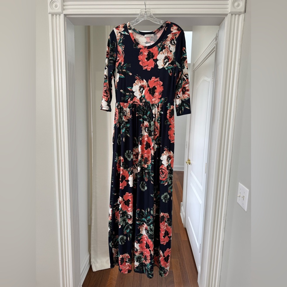 Reborn J, Navy  and Coral Floral 3/4 Sleeve Dress, New with tags